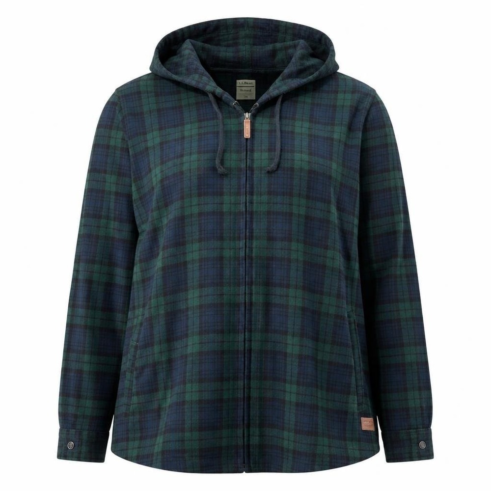 LL Bean Scotch Plaid Flannel Hoodie Womens 3X Green Navy Full Zip Blackwatch